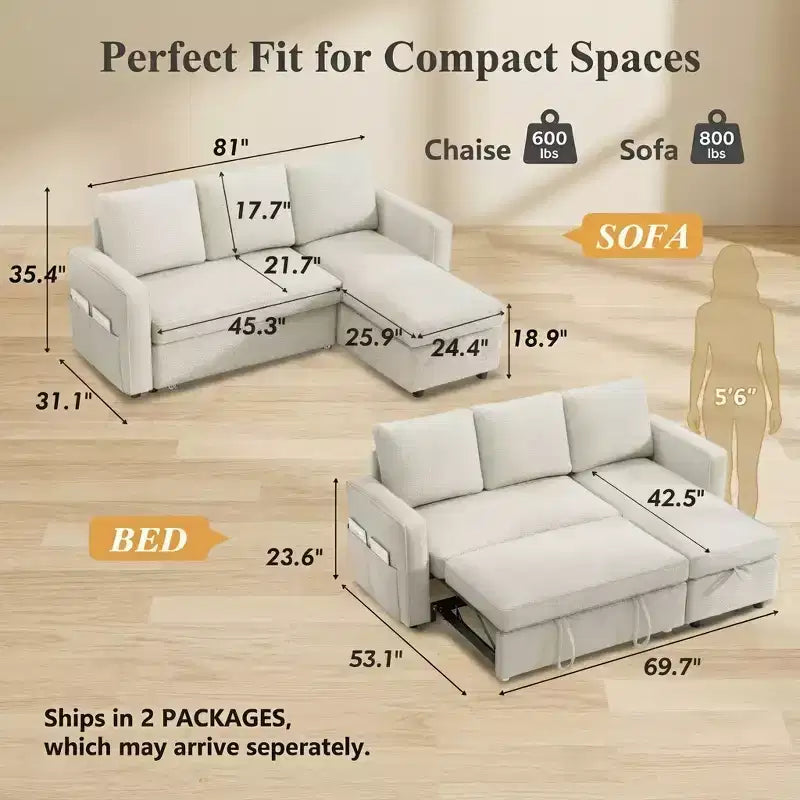 Canapé-lit sectionnel convertible en L de 81 po avec lit gigogne, méridienne de rangement et ports de chargement USB