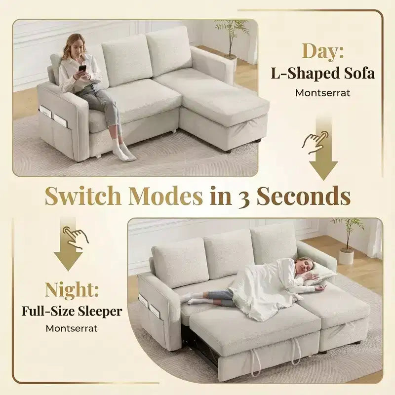 Canapé-lit sectionnel convertible en L de 81 po avec lit gigogne, méridienne de rangement et ports de chargement USB
