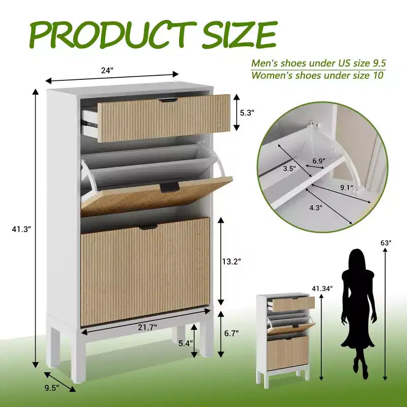 Meuble à chaussures cannelé avec 2 tiroirs basculants, étagère à chaussures étroite et dissimulée sur pied avec étagères réglables pour entrée