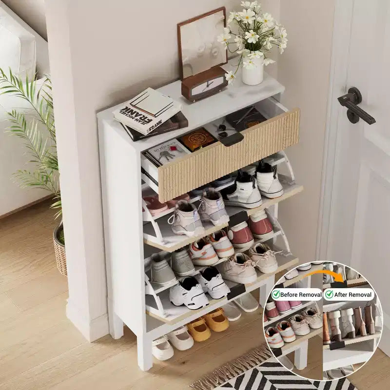 Meuble à chaussures cannelé avec 2 tiroirs basculants, étagère à chaussures étroite et dissimulée sur pied avec étagères réglables pour entrée