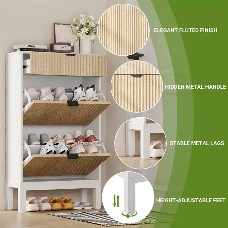Meuble à chaussures cannelé avec 2 tiroirs basculants, étagère à chaussures étroite et dissimulée sur pied avec étagères réglables pour entrée