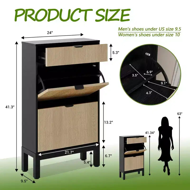 Meuble à chaussures cannelé avec 2 tiroirs basculants, étagère à chaussures étroite et dissimulée sur pied avec étagères réglables pour entrée