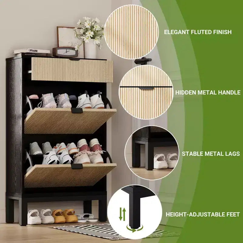 Meuble à chaussures cannelé avec 2 tiroirs basculants, étagère à chaussures étroite et dissimulée sur pied avec étagères réglables pour entrée