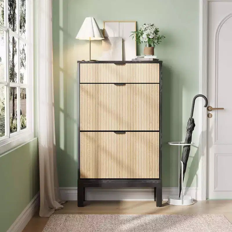 Fluted Shoe Cabinet with 2 Flip Drawers, Freestanding Hidden Slim Narrow Shoe Rack with Adjustable Shelves for Entryway