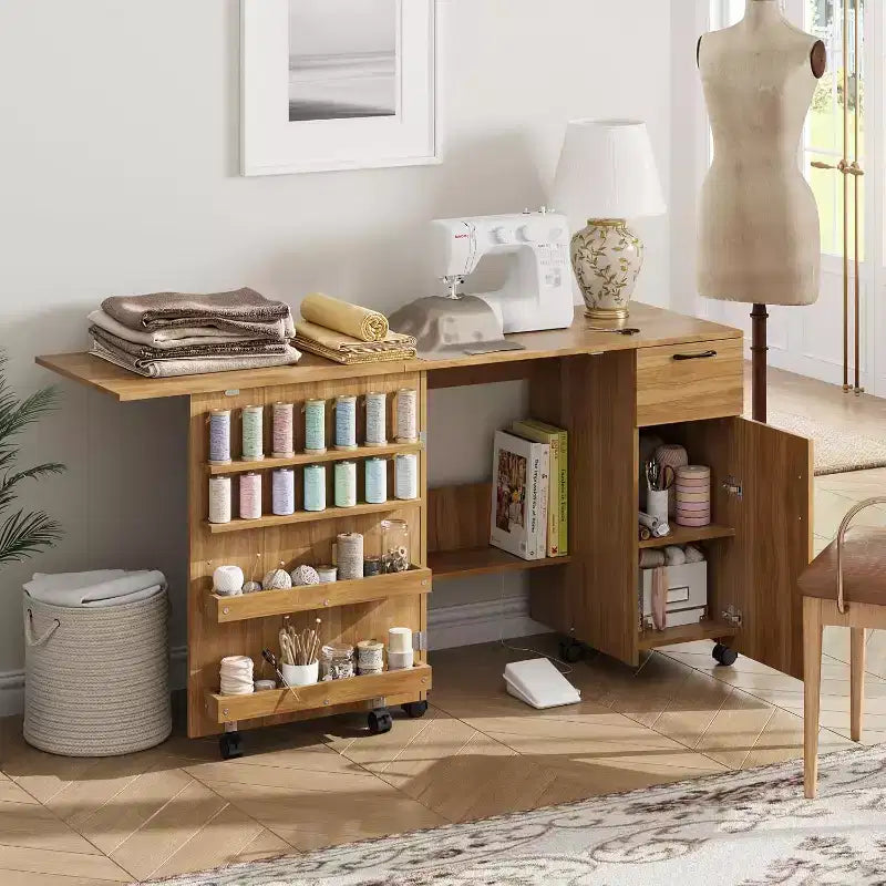 Meuble de couture pliant, table d'artisanat mobile avec tiroirs de rangement et roulettes verrouillables pour studio à domicile