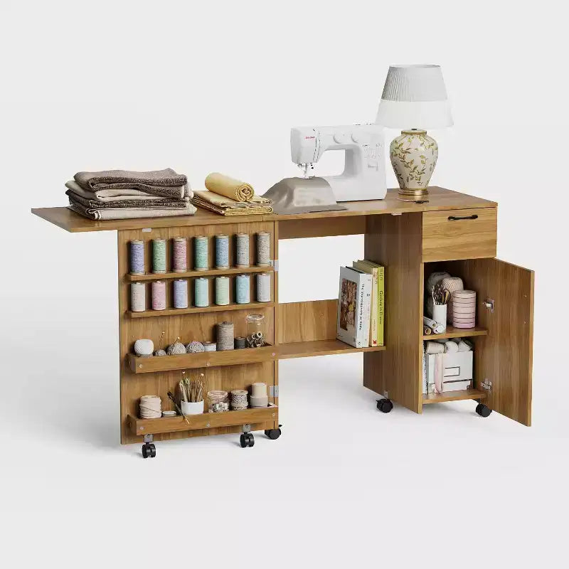 Acekool Folding Sewing Cabinet Mobile Craft Table with Storage Drawers and Lockable Wheels for Home Studio