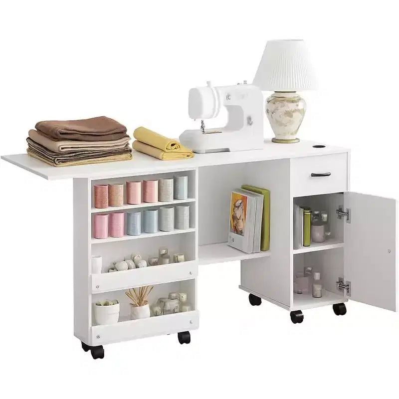 Meuble de couture pliant, table d'artisanat mobile avec tiroirs de rangement et roulettes verrouillables pour studio à domicile
