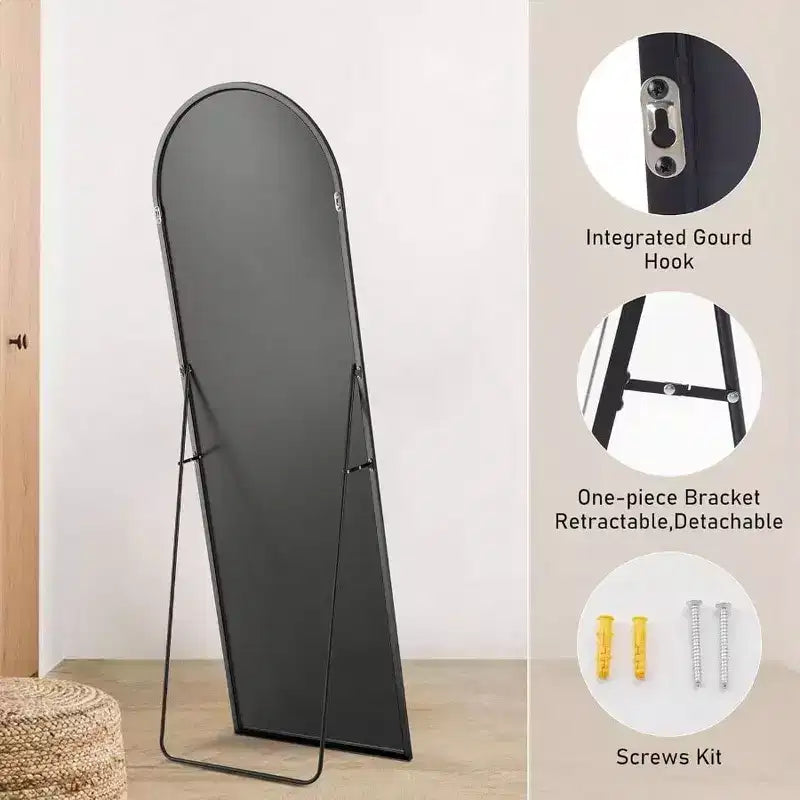 Miroir arque noir 64,1x21,5 - Cadre en aluminium avec support. Pleine longueur, à suspendre, à appuyer ou à poser
