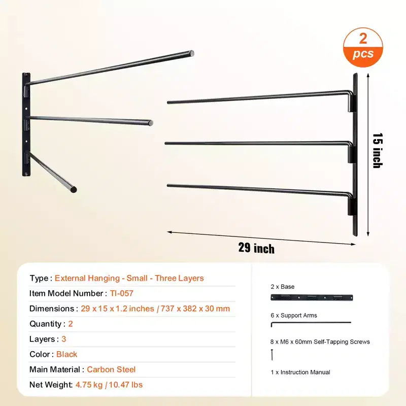 Support mural pour selle, support de selle articulé à trois niveaux (paquet de 2), noir, 78,5x76x14 cm