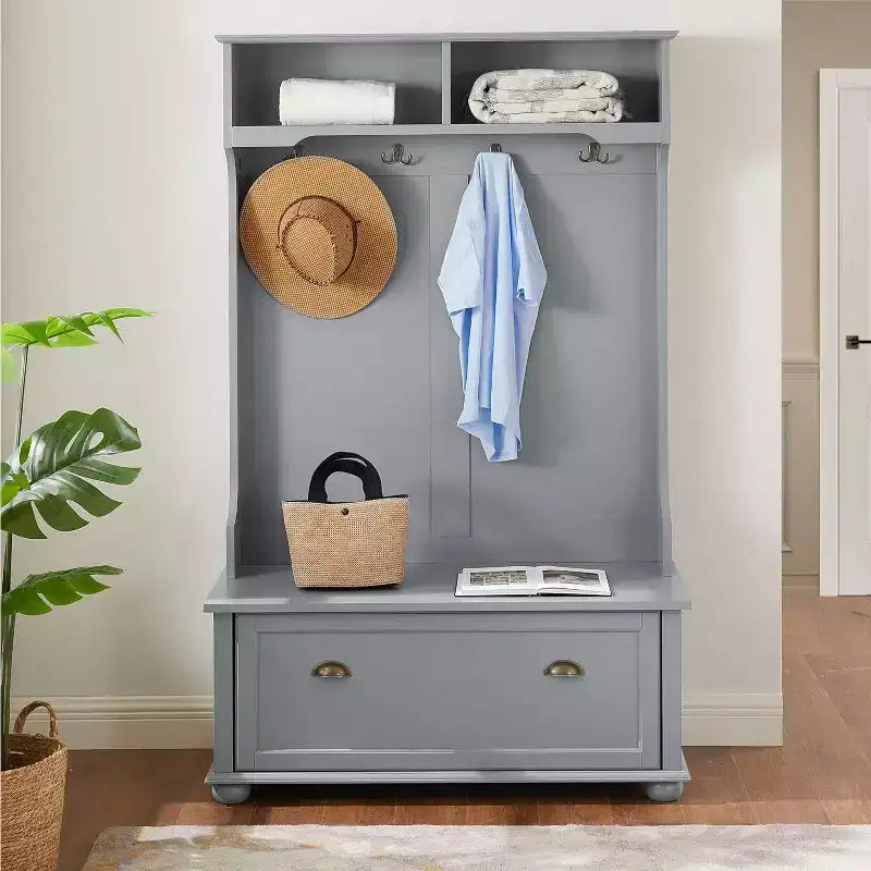 Meuble d'entrée 4-en-1 avec porte-manteau, banc de rangement, patères et étagères ouvertesBanc à chaussures style ferme pour vestiaires et couloirs
