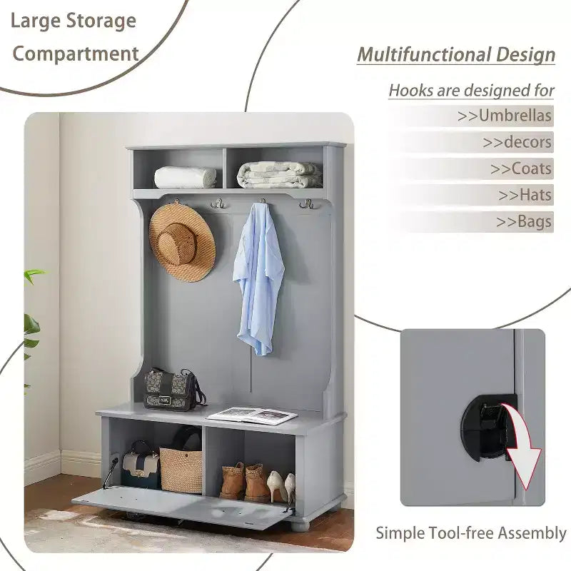 Meuble d'entrée 4-en-1 avec porte-manteau, banc de rangement, patères et étagères ouvertesBanc à chaussures style ferme pour vestiaires et couloirs