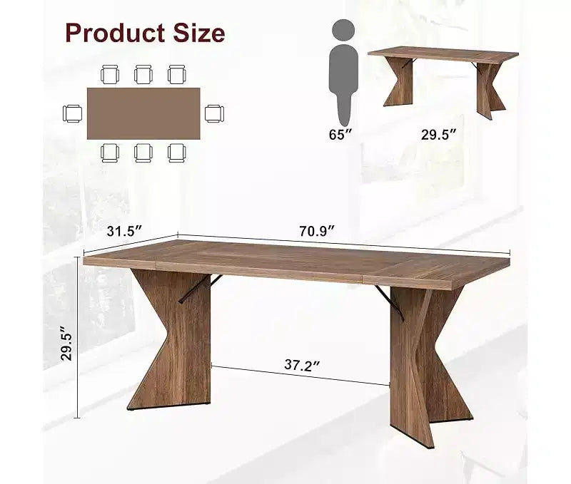 Table de salle à manger, Table de cuisine rectangulaire de 180 cm, Meuble de salle à manger avec cadre robuste, Plateau de table long et épais, Table de dîner