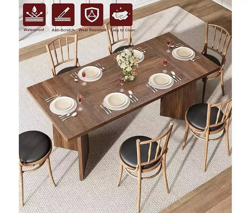 Table de salle à manger, Table de cuisine rectangulaire de 180 cm, Meuble de salle à manger avec cadre robuste, Plateau de table long et épais, Table de dîner