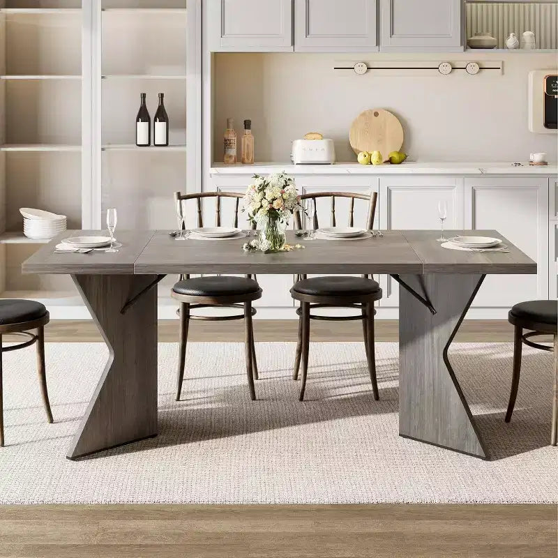 Table de salle à manger, Table de cuisine rectangulaire de 180 cm, Meuble de salle à manger avec cadre robuste, Plateau de table long et épais, Table de dîner