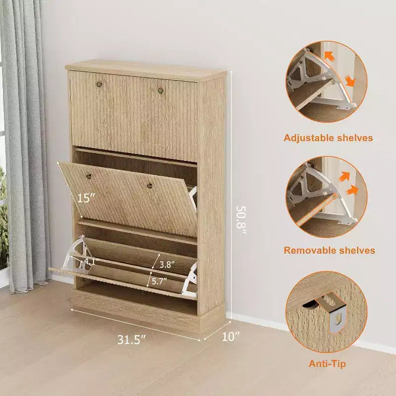 Meuble à chaussures moderne à 3 portes basculantes avec design cannelé. Étagères réglables dans un organiseur autoportant étroit pour l'entrée ou le couloir.