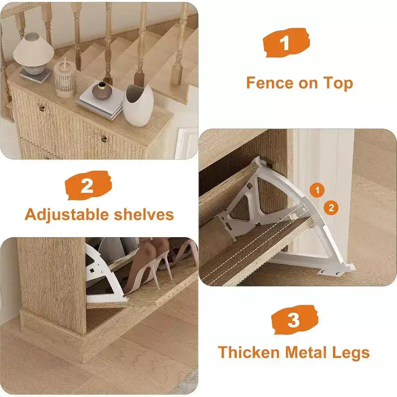 Meuble à chaussures moderne à 3 portes basculantes avec design cannelé. Étagères réglables dans un organiseur autoportant étroit pour l'entrée ou le couloir.