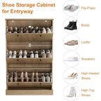 Meuble à chaussures moderne à 3 portes basculantes avec design cannelé. Étagères réglables dans un organiseur autoportant étroit pour l'entrée ou le couloir.