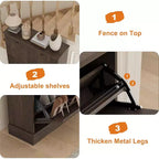 Meuble à chaussures moderne à 3 portes basculantes avec design cannelé. Étagères réglables dans un organiseur autoportant étroit pour l'entrée ou le couloir.