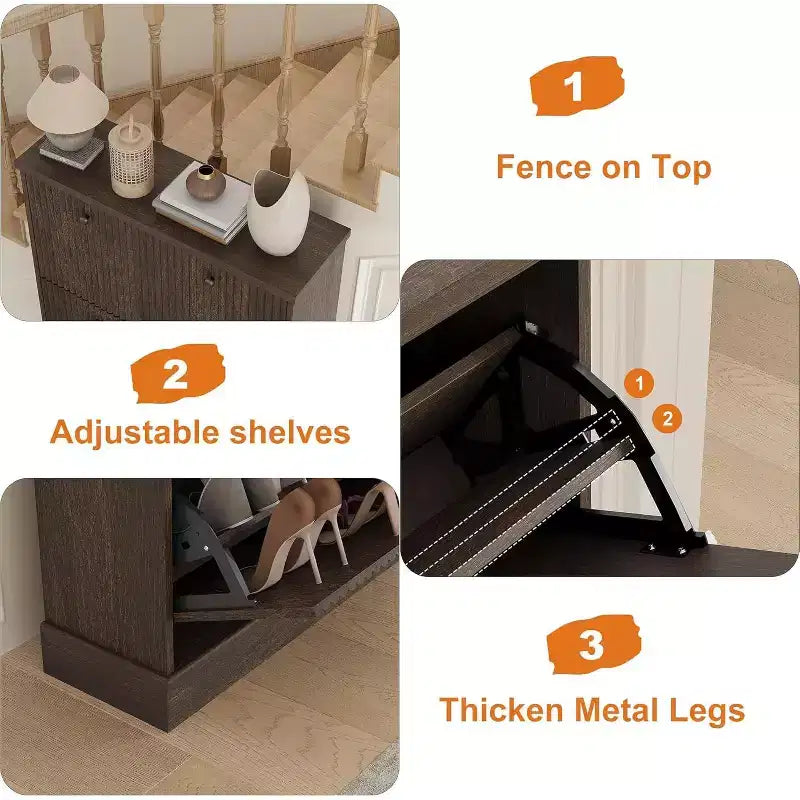 Meuble à chaussures moderne à 3 portes basculantes avec design cannelé. Étagères réglables dans un organiseur autoportant étroit pour l'entrée ou le couloir.