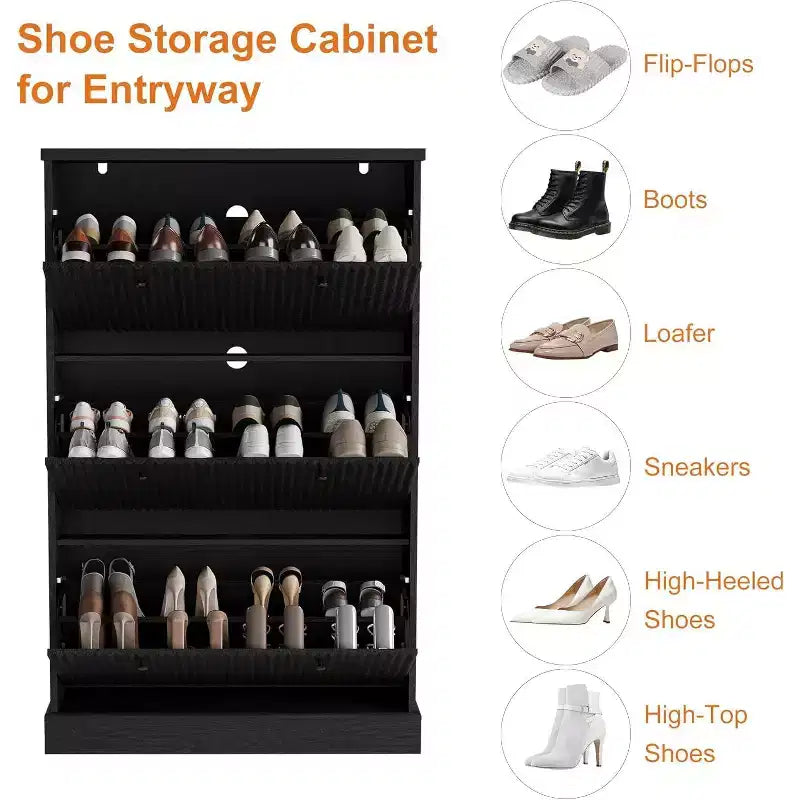 Meuble à chaussures moderne à 3 portes basculantes avec design cannelé. Étagères réglables dans un organiseur autoportant étroit pour l'entrée ou le couloir.
