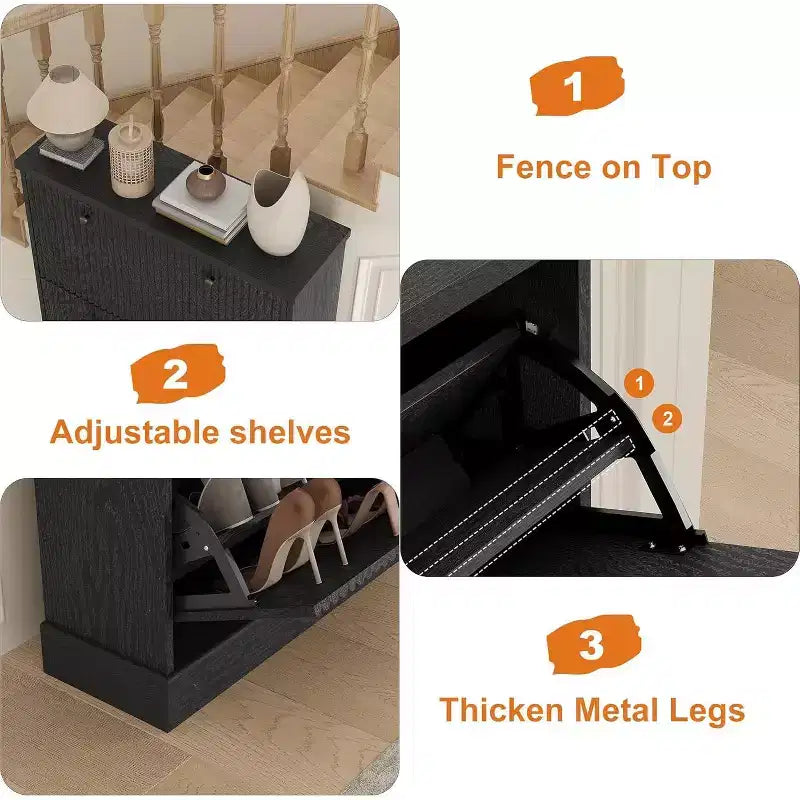 Meuble à chaussures moderne à 3 portes basculantes avec design cannelé. Étagères réglables dans un organiseur autoportant étroit pour l'entrée ou le couloir.