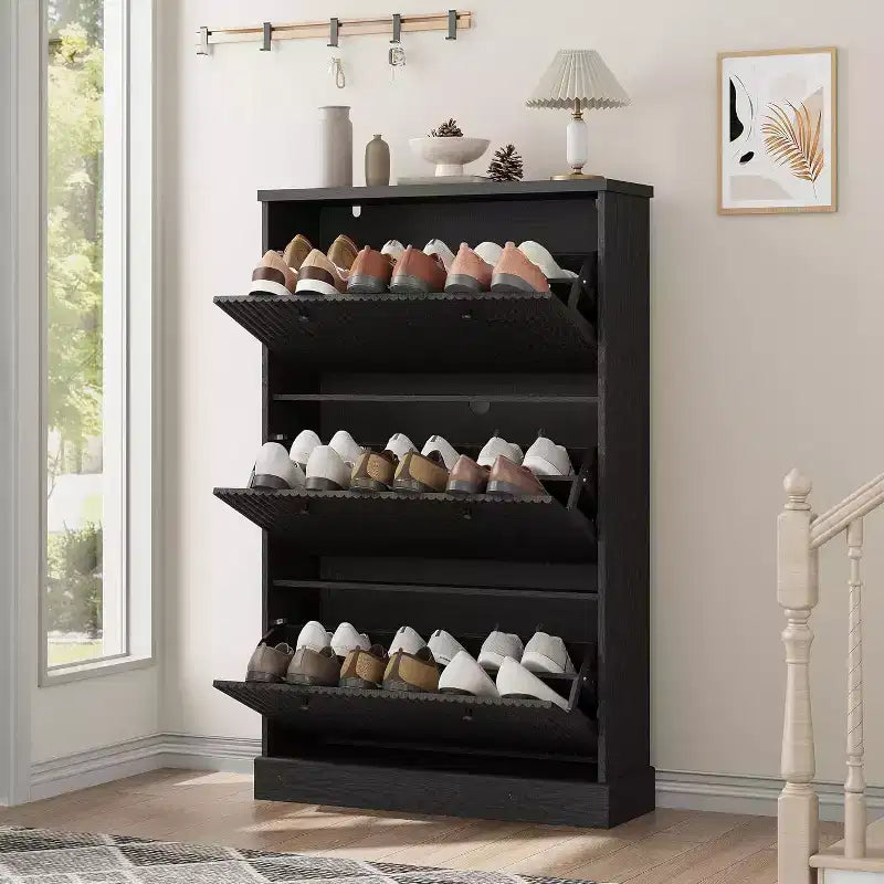 Modern 3-Door Flip-Down Shoe Cabinet with Fluted Design. Adjustable Shelves in a Narrow Freestanding Organizer for Entryway or Hallway.