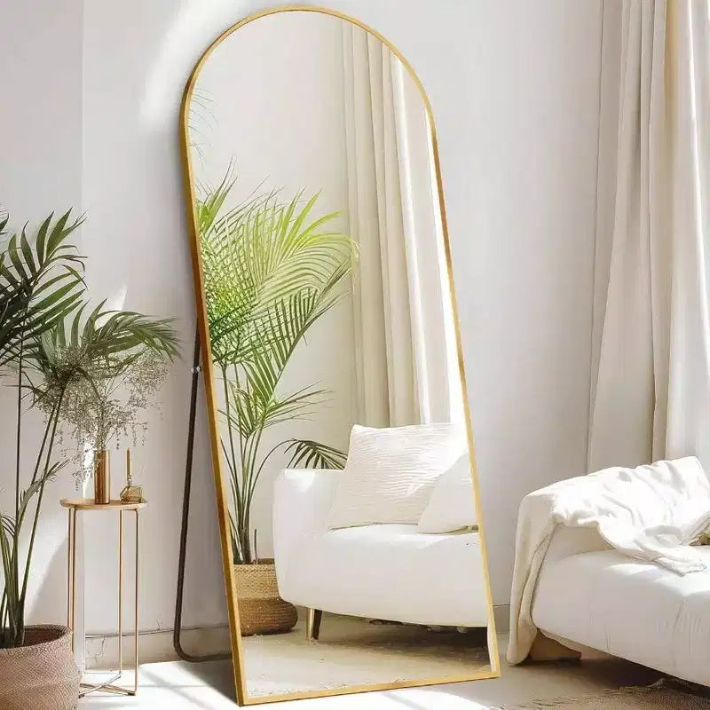 64x21 Gold Arched Mirror with Aluminum Frame. A Full Length Standing or Leaning Mirror for Bedroom or Cloakroom