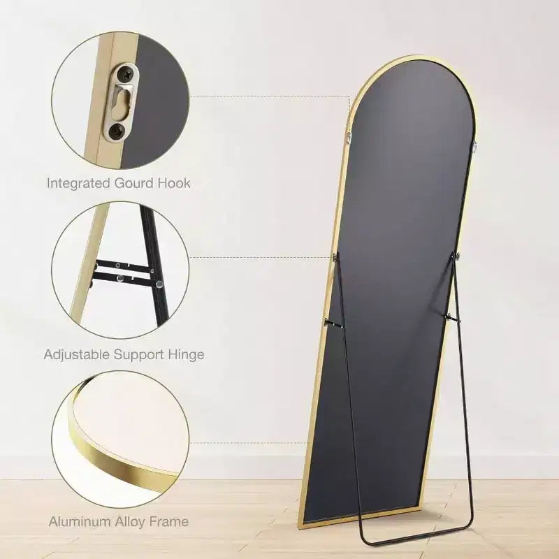 Miroir Arqué Doré 64x21 avec Cadre en Aluminium. Un Grand Miroir sur Pied ou à Pencher pour Chambre ou Vestiaire.