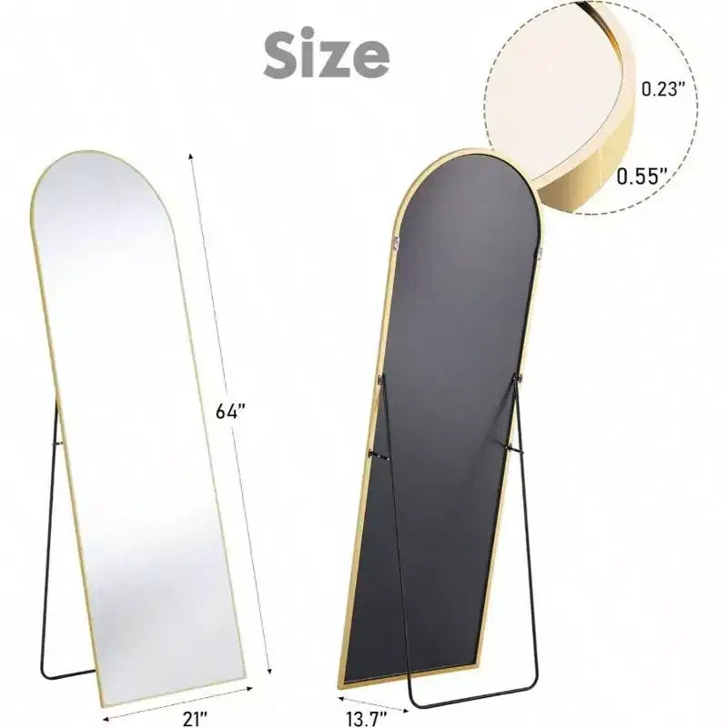 Miroir Arqué Doré 64x21 avec Cadre en Aluminium. Un Grand Miroir sur Pied ou à Pencher pour Chambre ou Vestiaire.