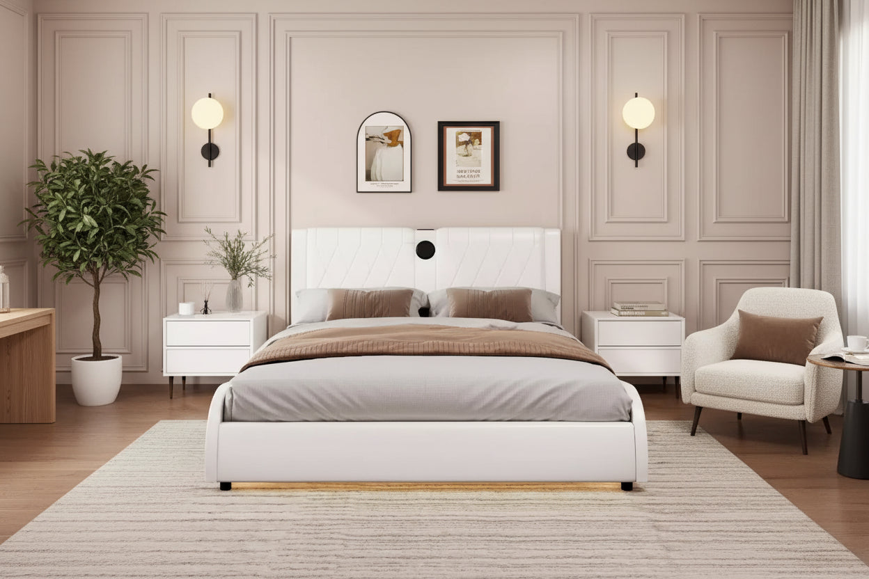 GDFStudio Ford Modern Faux Leather Upholstered Platform Bed with Integrated Bluetooth Speakers and Thickened Headboard