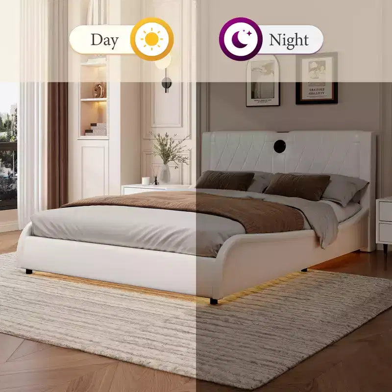 Lit plateforme moderne rembourré en similicuir avec haut-parleurs Bluetooth intégrés et tête de lit épaissie