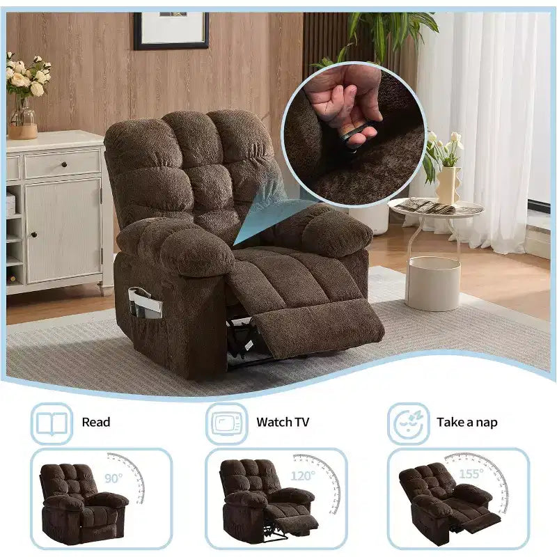 Fauteuil inclinable manuel gris, canapé ergonomique rembourré en tissu avec pochette latérale et cadre en acier pour le salon