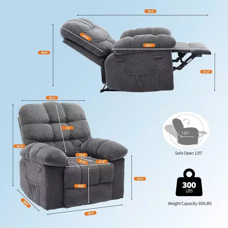 Fauteuil inclinable manuel gris, canapé ergonomique rembourré en tissu avec pochette latérale et cadre en acier pour le salon