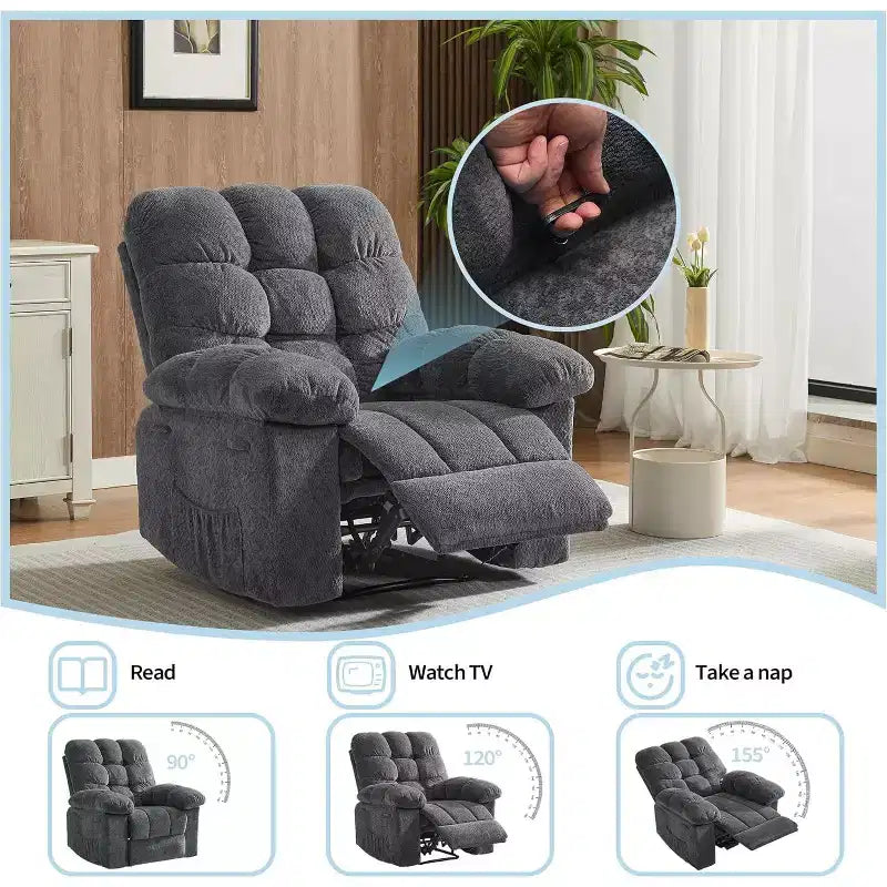 Fauteuil inclinable manuel gris, canapé ergonomique rembourré en tissu avec pochette latérale et cadre en acier pour le salon