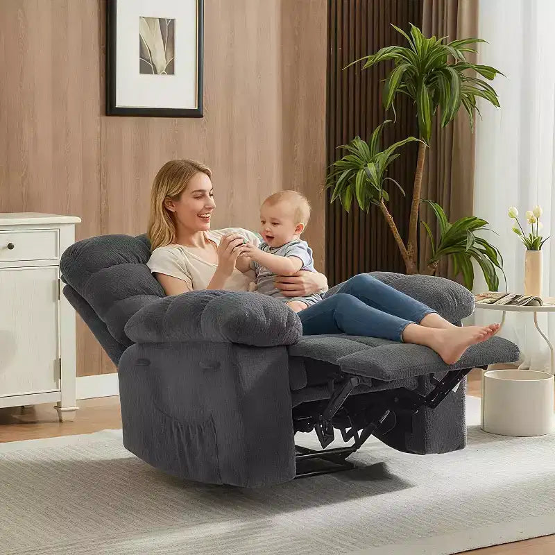 Fauteuil inclinable manuel gris, canapé ergonomique rembourré en tissu avec pochette latérale et cadre en acier pour le salon