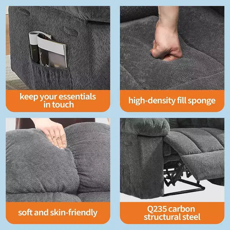 Fauteuil inclinable manuel gris, canapé ergonomique rembourré en tissu avec pochette latérale et cadre en acier pour le salon