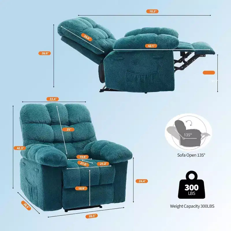 Fauteuil inclinable manuel gris, canapé ergonomique rembourré en tissu avec pochette latérale et cadre en acier pour le salon