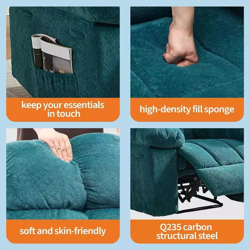Fauteuil inclinable manuel gris, canapé ergonomique rembourré en tissu avec pochette latérale et cadre en acier pour le salon