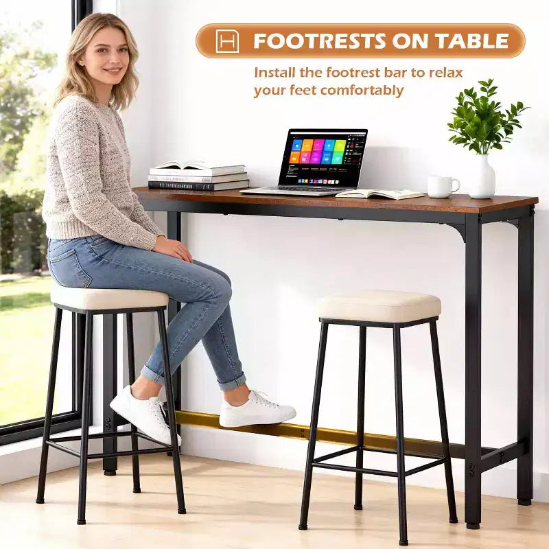 Table de pub haute avec pieds robustes et patins réglables, 140 cm/195 cm pour bar ou café
