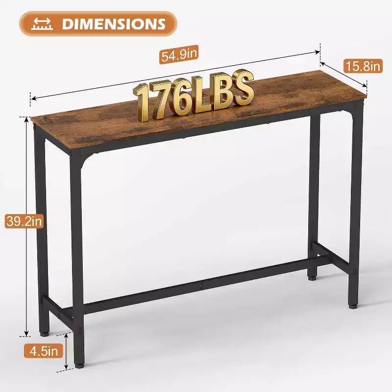 Table de pub haute avec pieds robustes et patins réglables, 140 cm/195 cm pour bar ou café