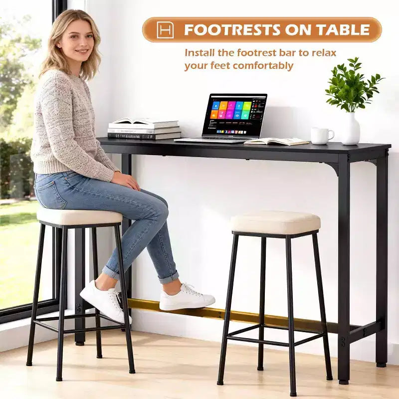 Table de pub haute avec pieds robustes et patins réglables, 140 cm/195 cm pour bar ou café