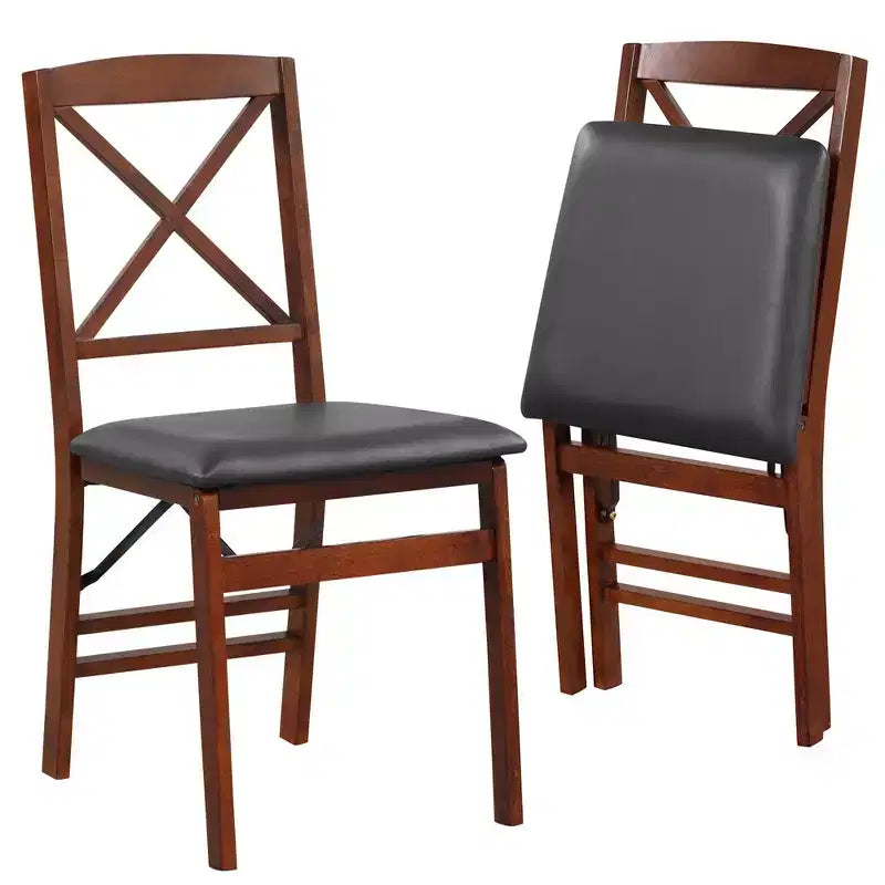 Lot de 2 chaises de salle à manger pliantes avec assise rembourrée en PVC, dossier haut et cadre en bois massif, capacité de 180 kg