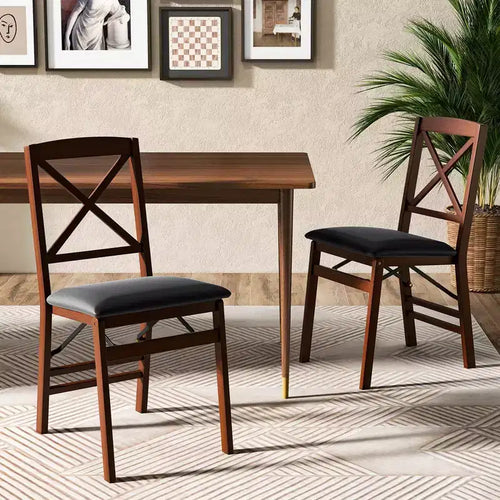 Lot de 2 chaises de salle à manger pliantes avec assise rembourrée en PVC, dossier haut et cadre en bois massif, capacité de 180 kg