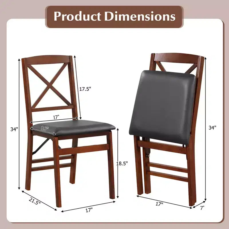 Lot de 2 chaises de salle à manger pliantes avec assise rembourrée en PVC, dossier haut et cadre en bois massif, capacité de 180 kg