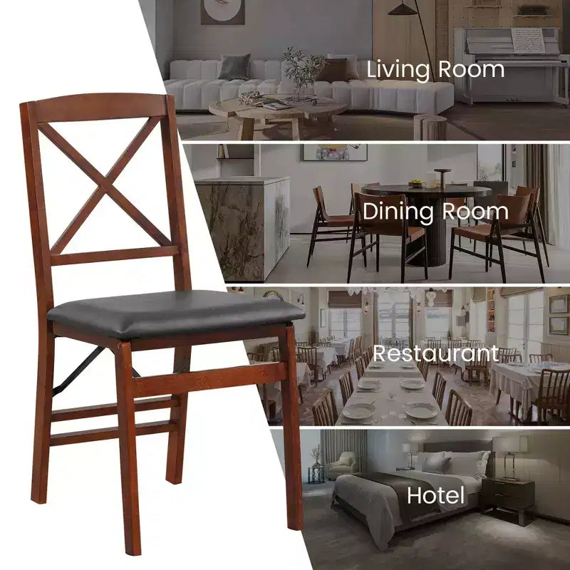 Lot de 2 chaises de salle à manger pliantes avec assise rembourrée en PVC, dossier haut et cadre en bois massif, capacité de 180 kg