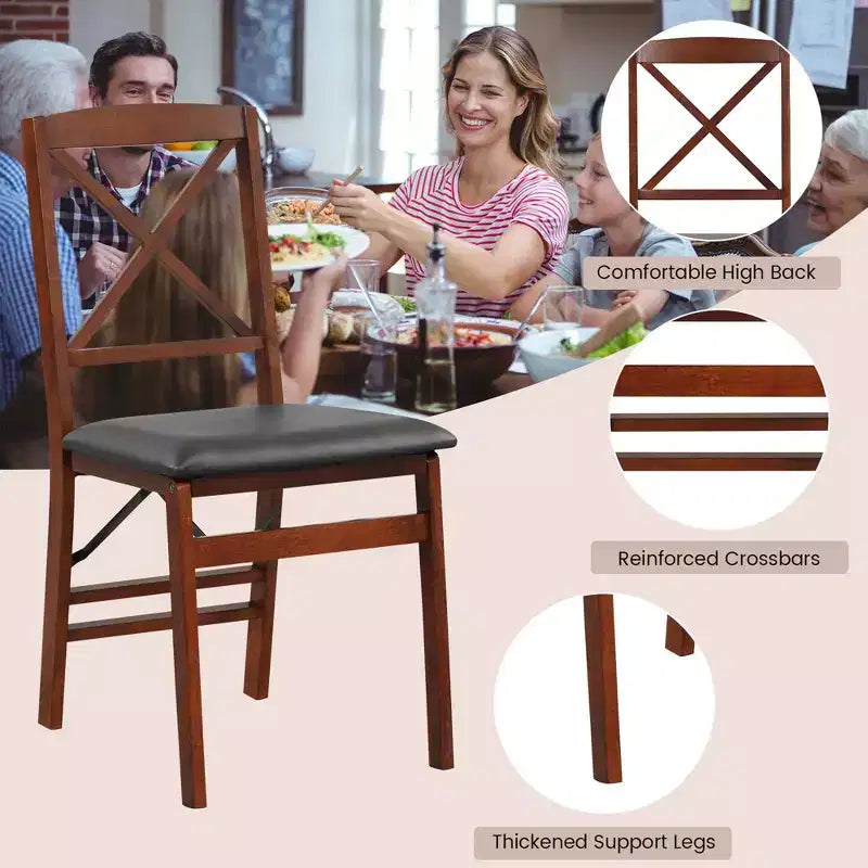 Lot de 2 chaises de salle à manger pliantes avec assise rembourrée en PVC, dossier haut et cadre en bois massif, capacité de 180 kg
