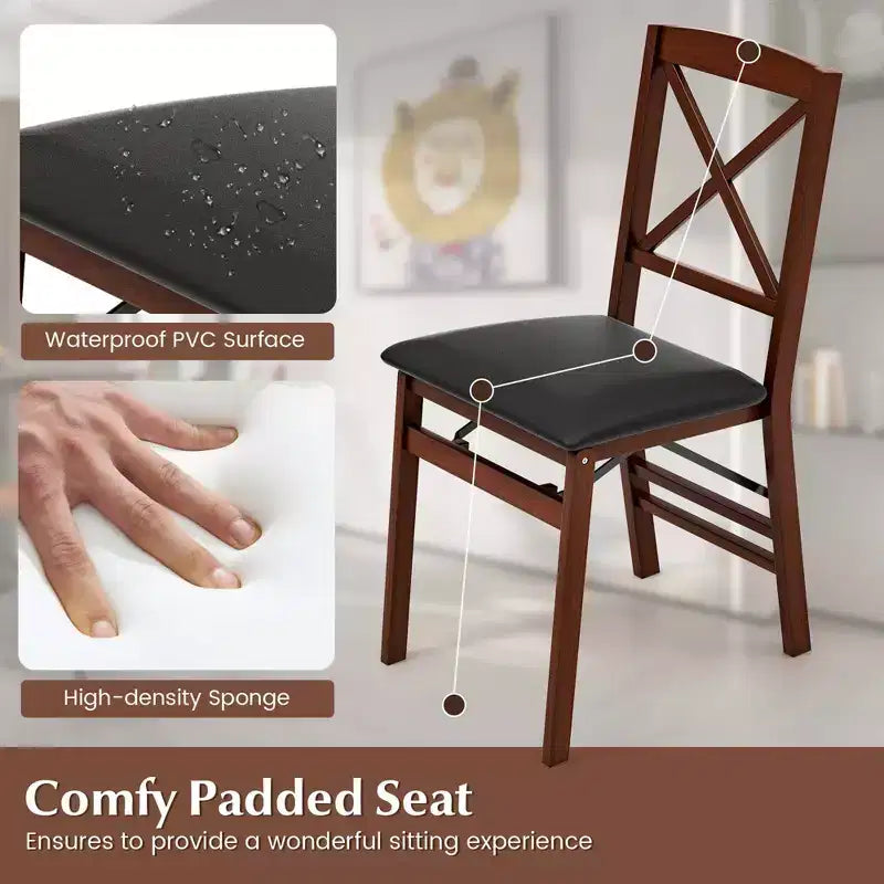 Lot de 2 chaises de salle à manger pliantes avec assise rembourrée en PVC, dossier haut et cadre en bois massif, capacité de 180 kg
