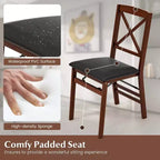 Lot de 2 chaises de salle à manger pliantes avec assise rembourrée en PVC, dossier haut et cadre en bois massif, capacité de 180 kg
