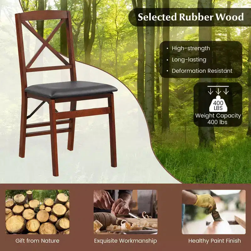 Lot de 2 chaises de salle à manger pliantes avec assise rembourrée en PVC, dossier haut et cadre en bois massif, capacité de 180 kg