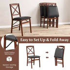 Lot de 2 chaises de salle à manger pliantes avec assise rembourrée en PVC, dossier haut et cadre en bois massif, capacité de 180 kg